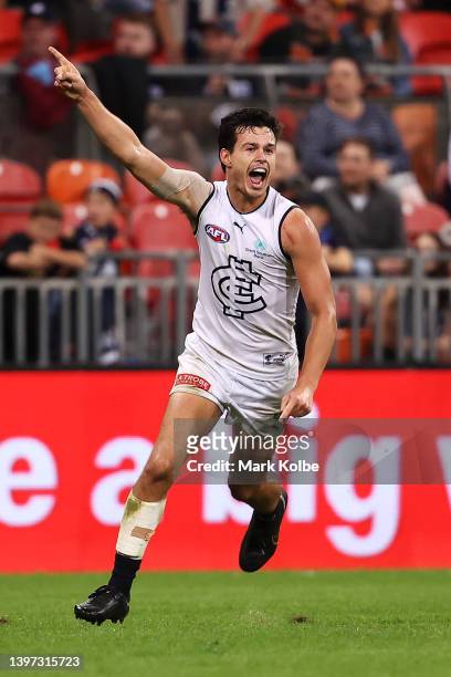 Jack Silvagni of the Blues celebrates kicking a goal during the round nine AFL match between the Greater Western Sydney Giants and the Carlton Blues...