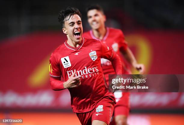 Bernardo Oliveira of Adelaide United celebrates after scoring his teams third goal during the A-League Mens Elimination Final match between Adelaide...
