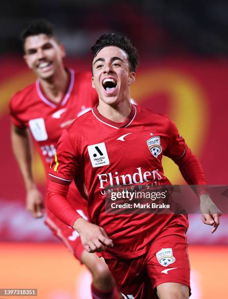 Bernardo Oliveira of Adelaide United celebrates after scoring his teams third goal during the A-League Mens Elimination Final match between Adelaide...