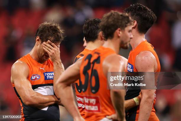 Matt de Boer of the Giants looks dejected after defeat during the round nine AFL match between the Greater Western Sydney Giants and the Carlton...
