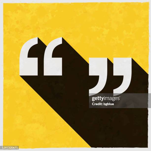 quotation marks. icon with long shadow on textured yellow background - testimonial stock illustrations