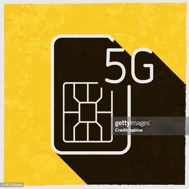 5g sim card. icon with long shadow on textured yellow background - sim card stock illustrations