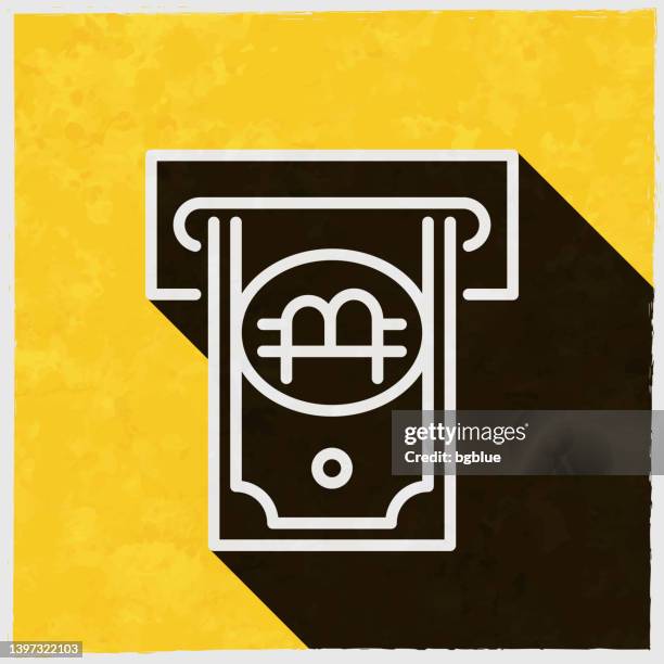 bitcoin withdrawal. icon with long shadow on textured yellow background - stain remover stock illustrations