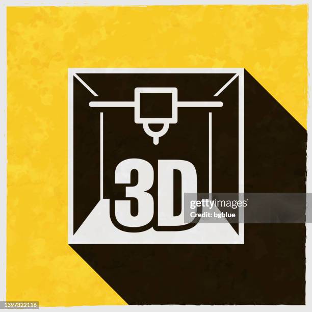 3d printer. icon with long shadow on textured yellow background - old printer stock illustrations