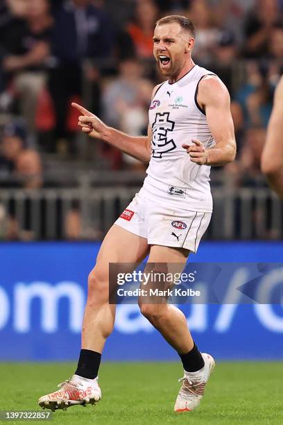 Sam Docherty of the Blues celebrates kicking a goal during the round nine AFL match between the Greater Western Sydney Giants and the Carlton Blues...