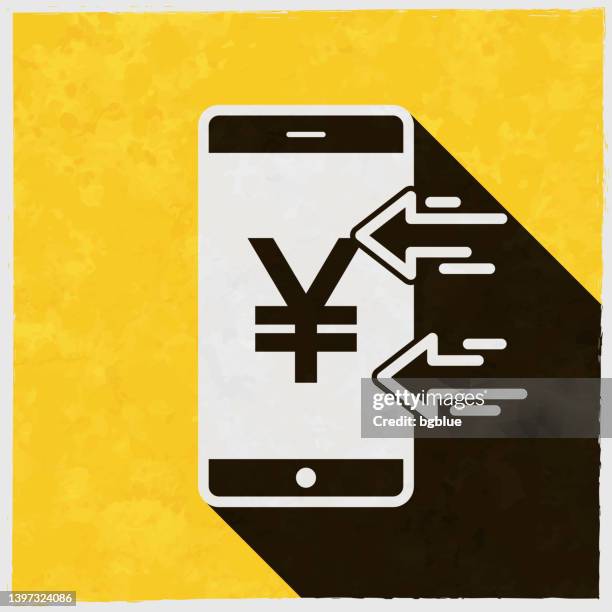 receiving yen with smartphone. icon with long shadow on textured yellow background - iphone back stock illustrations