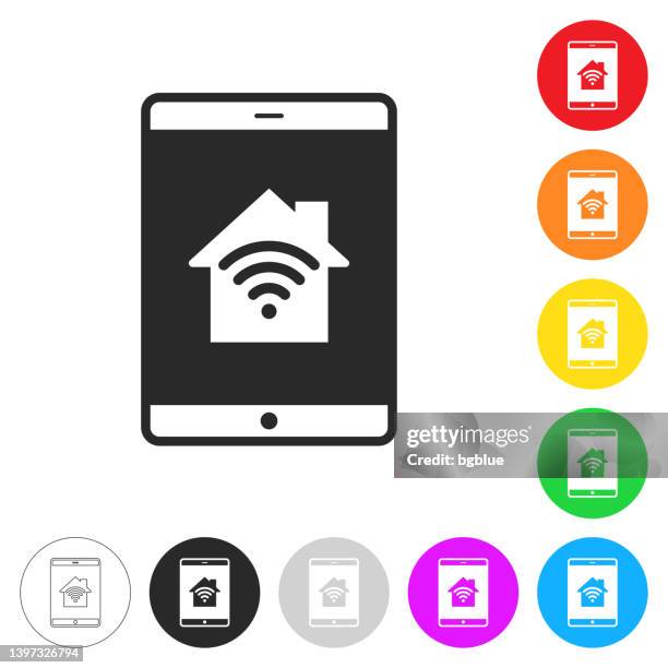 tablet pc with smart home. icon on colorful buttons - using tablet home stock illustrations