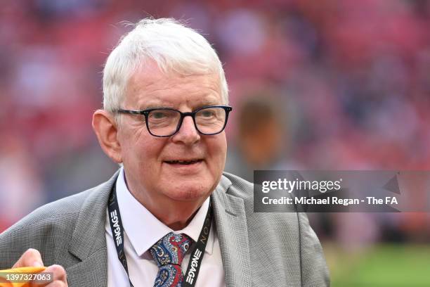 John Motson looks on during The FA Cup Final match between Chelsea and Liverpool at Wembley Stadium on May 14, 2022 in London, England.