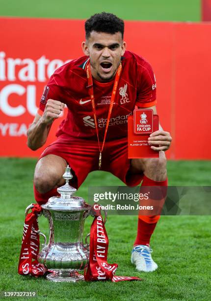 Luis Diaz of Liverpool with the cup after his sides 6-5 penalty shoot-out after a 0-0 draw in normal tim during The FA Cup Final match between...