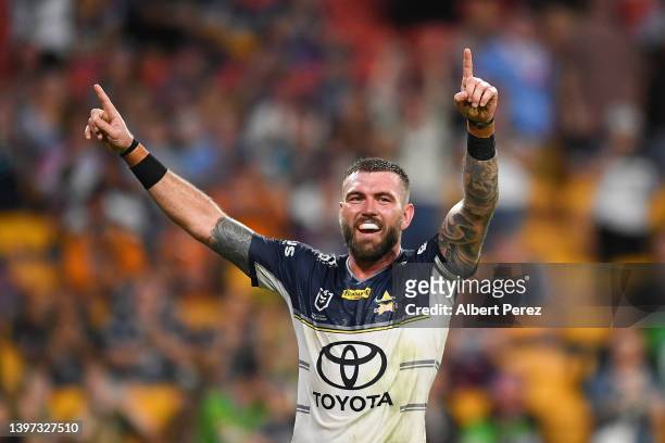 Kyle Feldt of the Cowboys celebrates scoring a try during the round 10 NRL match between the Wests Tigers and the North Queensland Cowboys at Suncorp...