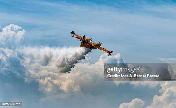 canadair cl-215 amphibious seaplane, above the sky discharging water in a forest fire. - forest fire plane stock pictures, royalty-free photos & images