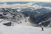 Slovakia, Jasna - February 3, 2022: ski lift cabin at the top of Chopok mountain