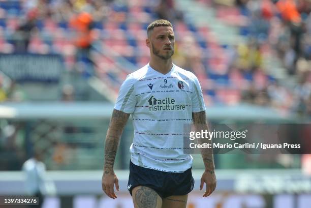 Marko Arnautovic of Bologna FC looks on during the warm up prior the beginning of the Serie A match between Bologna FC and US Sassuolo at Stadio...