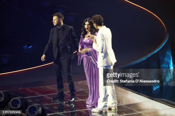 Alessandro Cattelan, Laura Pausini and Mika attend the Grand Final show of the 66th Eurovision Song Contest at Pala Alpitour on May 14, 2022 in...