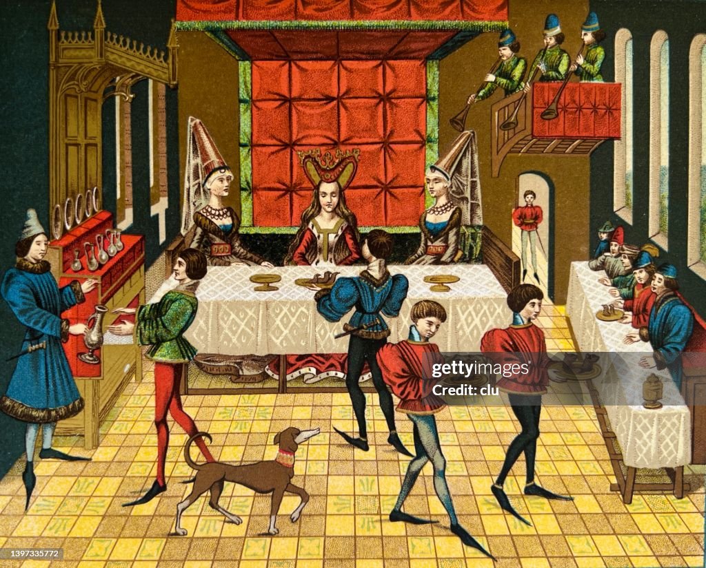 Banquete medieval en un castillo, ilustración a color