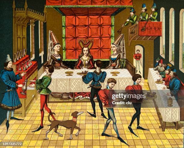 illustrazioni stock, clip art, cartoni animati e icone di tendenza di banchetto medievale in un castello, illustrazione a colori - periodo medievale