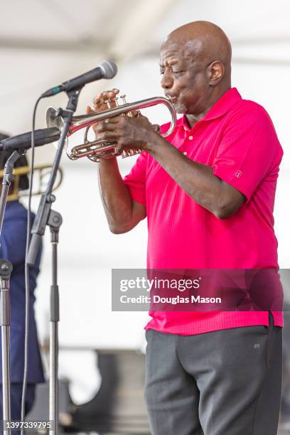 Gregory Davis of the Dirty Dozen Brass Band performs during the 2022 New Orleans & Jazz festival at Fair Grounds Race Course on May 05, 2022 in New...