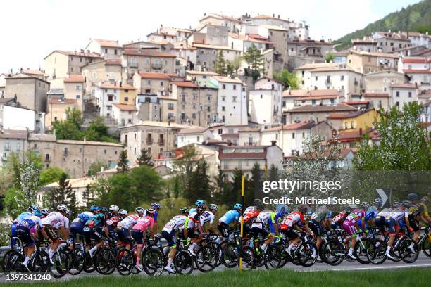 General view of Juan Pedro López of Spain and Team Trek - Segafredo pink leader jersey and the peloton passing through Gamberale village landscape...