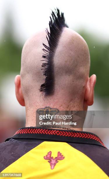 Detailed view of a Watford fans tattoo prior to the Premier League match between Watford and Leicester City at Vicarage Road on May 15, 2022 in...