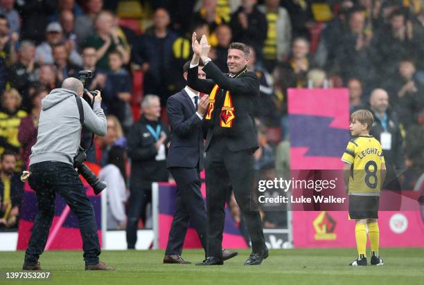 Incoming Watford FC Manager Rob Edwards interacts with the crowd ahead of the Premier League match between Watford and Leicester City at Vicarage...