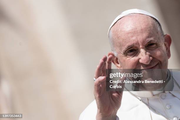 Pope Francis names ten new saints during a canonization mass in St. Peter's Square, on May 15, 2022 in Vatican City, Vatican. At the beginning of the...