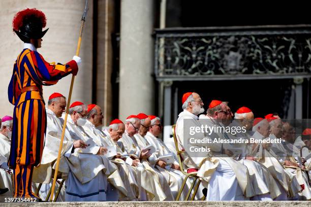 Cardinals attend a canonization mass lead by Pope Francis in St. Peter's Square, on May 15, 2022 in Vatican City, Vatican. At the beginning of the...