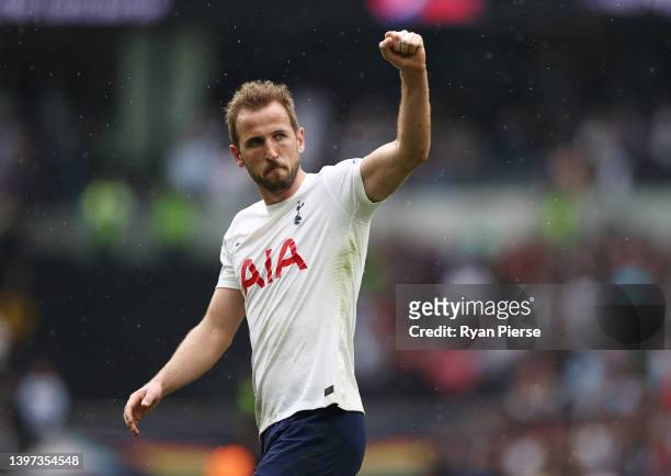Harry Kane of Tottenham Hotspur celebrates after their sides victory during the Premier League match between Tottenham Hotspur and Burnley at...