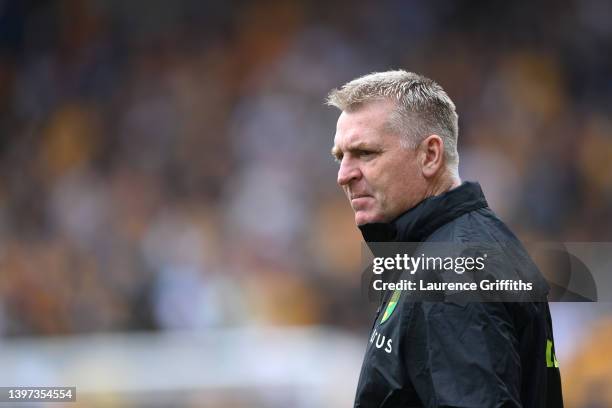 Dean Smith, Manager of Norwich City looks on during the Premier League match between Wolverhampton Wanderers and Norwich City at Molineux on May 15,...