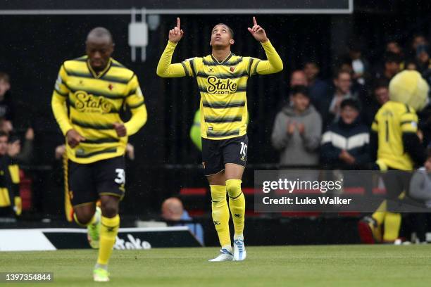 Joao Pedro of Watford FC celebrates their sides first goal during the Premier League match between Watford and Leicester City at Vicarage Road on May...