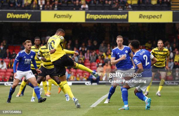Joao Pedro of Watford FC scores their sides first goal during the Premier League match between Watford and Leicester City at Vicarage Road on May 15,...