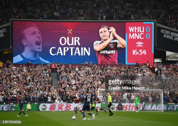 The LED Board shows a message in reference to Mark Noble of West Ham United playing their last home match for the club during the Premier League...