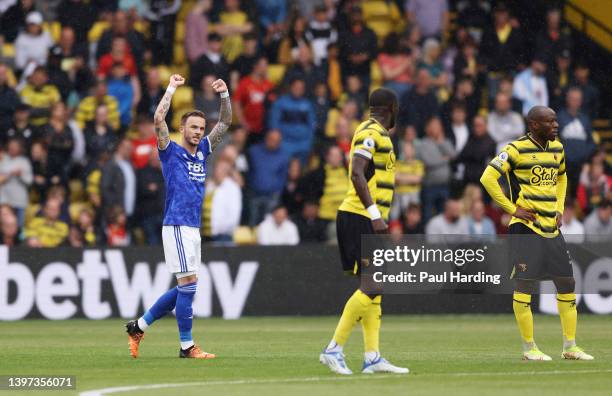 James Maddison of Leicester City celebrates their sides first goal during the Premier League match between Watford and Leicester City at Vicarage...