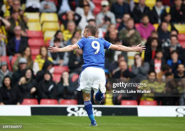 Jamie Vardy of Leicester City celebrates their sides second goal during the Premier League match between Watford and Leicester City at Vicarage Road...
