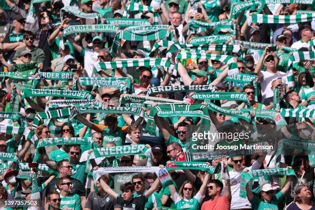 General view of SV Werder Bremen fans as they lift scarfs above their heads prior to kick off of the Second Bundesliga match between SV Werder Bremen...