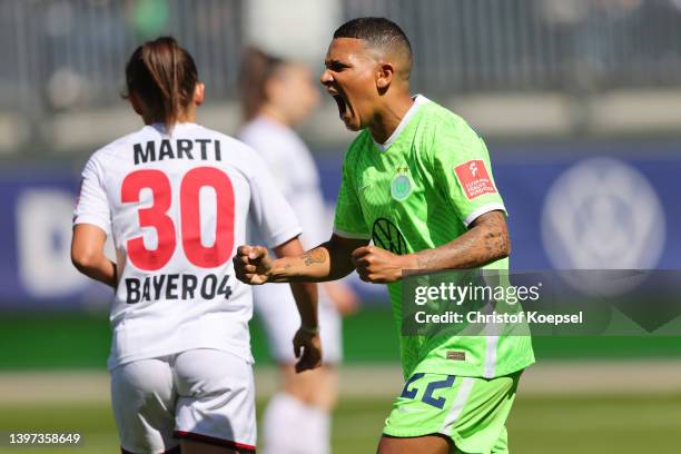 Shanice van de Sanden of Wolfsburg celebrates the seventh goal and 7-during the FLYERALARM Frauen-Bundesliga match between VfL Wolfsburg women and...