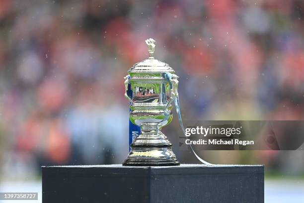 Detailed view of the Vitality Women's FA Cup trophy prior to the Vitality Women's FA Cup Final match between Chelsea Women and Manchester City Women...