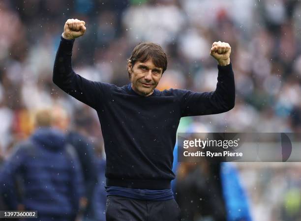 Antonio Conte, Manager of Tottenham Hotspur celebrates after their sides victory during the Premier League match between Tottenham Hotspur and...