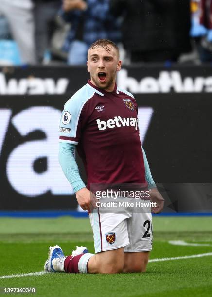 Jarrod Bowen of West Ham United celebrates their sides second goal during the Premier League match between West Ham United and Manchester City at...