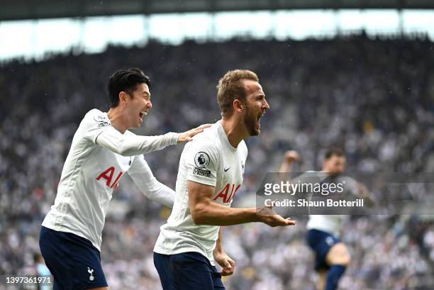 Harry Kane of Tottenham Hotspur celebrates with team mate Heung-Min Son after scoring during the Premier League match between Tottenham Hotspur and...