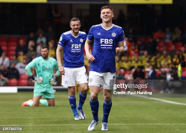 Harvey Barnes of Leicester City celebrates their sides third goal during the Premier League match between Watford and Leicester City at Vicarage Road...