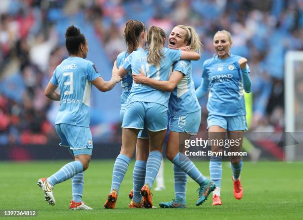 Lauren Hemp of Manchester City celebrates with teammates after scoring their team's first goal during the Vitality Women's FA Cup Final match between...