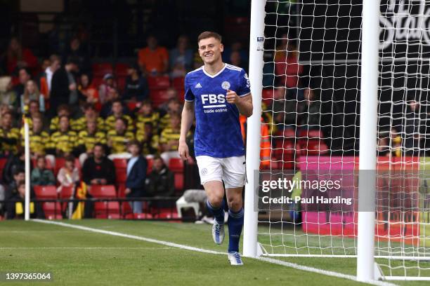 Harvey Barnes of Leicester City celebrates their sides third goal during the Premier League match between Watford and Leicester City at Vicarage Road...