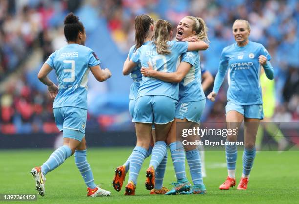 Lauren Hemp of Manchester City celebrates with teammates after scoring their team's first goal during the Vitality Women's FA Cup Final match between...