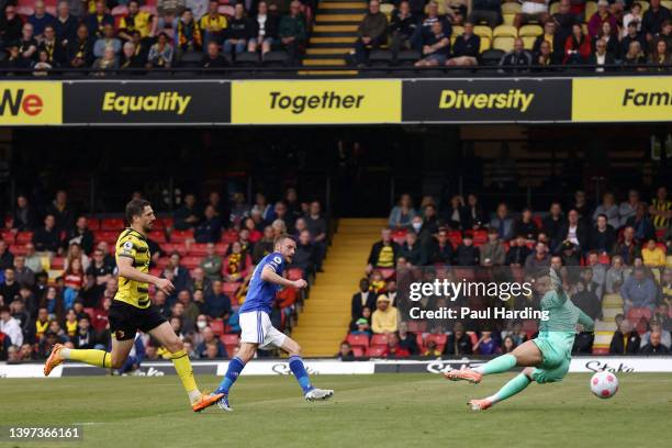 Jamie Vardy of Leicester City scores their sides fourth goal past Ben Foster of Watford FC during the Premier League match between Watford and...