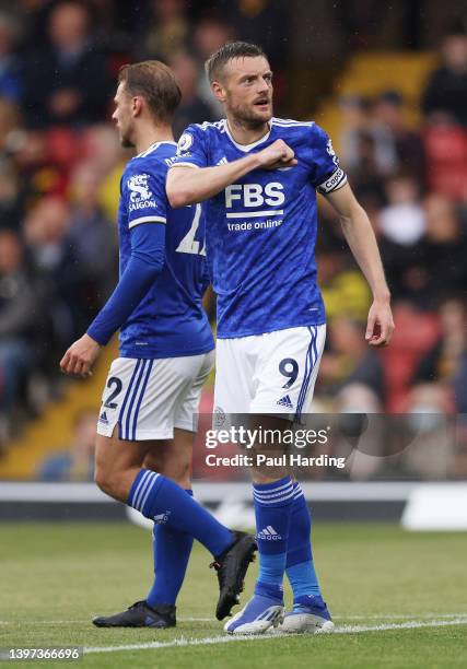 Jamie Vardy of Leicester City celebrates their sides fourth goal during the Premier League match between Watford and Leicester City at Vicarage Road...