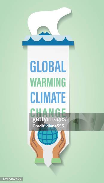 illustrations, cliparts, dessins animés et icônes de polar bear globe - autocollant de bannière d’environnement de couleur plate - climat
