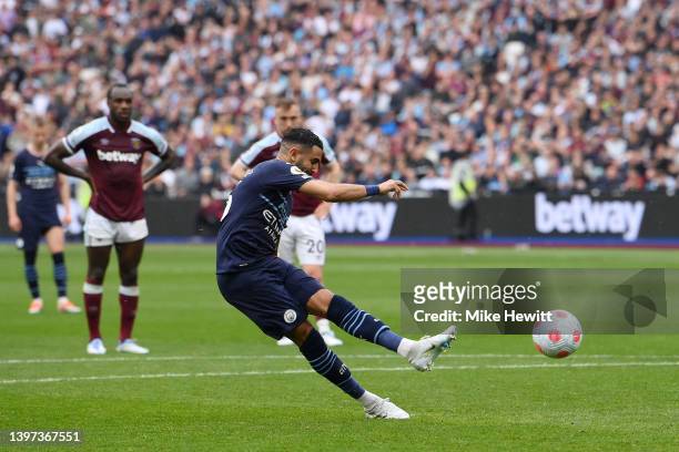 Riyad Mahrez of Manchester City has their penalty saved by Lukasz Fabianski of West Ham United during the Premier League match between West Ham...