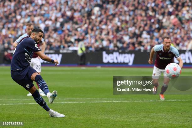 Riyad Mahrez of Manchester City has their penalty saved by Lukasz Fabianski of West Ham United during the Premier League match between West Ham...