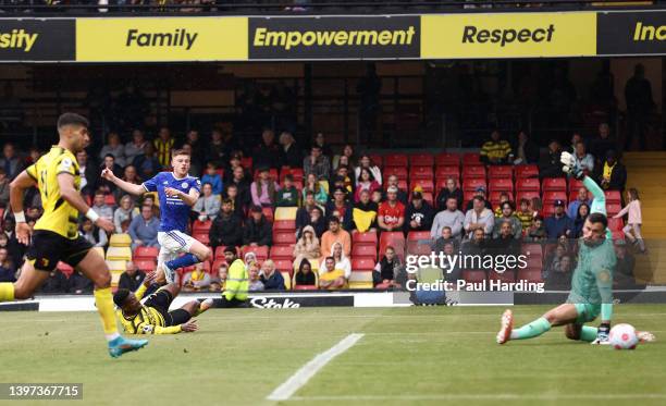 Harvey Barnes of Leicester City scores their sides fifth goal during the Premier League match between Watford and Leicester City at Vicarage Road on...