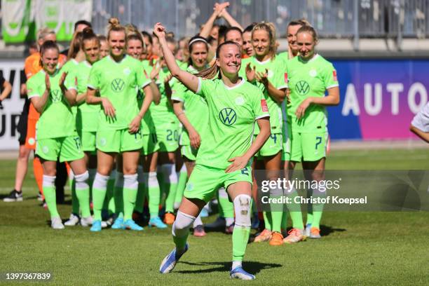 Lynn Wilms of Wolfsburg celebrates after winning the German Champions after the FLYERALARM Frauen-Bundesliga match between VfL Wolfsburg women and...